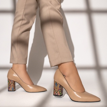 Pantofi cu toc dama si print nude din Piele naturala MOD12047, 1, modlet.ro