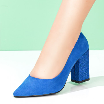 Pantofi cu toc gros dama albastri suede glitter MOD08378, 4, modlet.ro