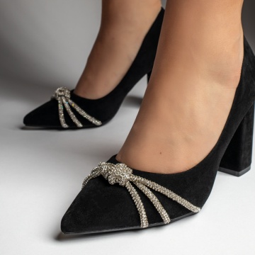 Pantofi cu toc gros si strasuri aplicate negru suede MOD10990, 3, modlet.ro