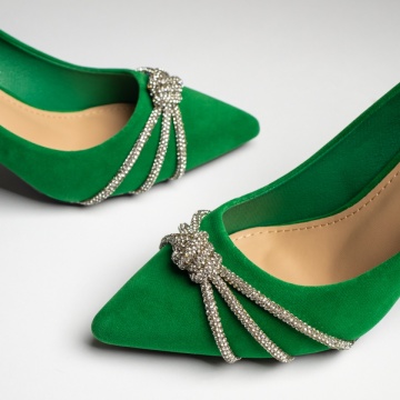 Pantofi cu toc gros si strasuri aplicate verde suede MOD10990, 5, modlet.ro
