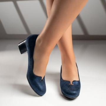 Pantofi dama albastri cu toc gros si imprimeu MOD09942, 4, modlet.ro