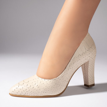 Pantofi dama cu toc gros bej cu imprimeu din Piele naturala MOD10220, 1, modlet.ro