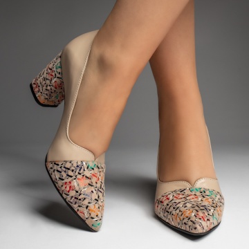 Pantofi dama cu toc gros bej cu print din Piele naturala MOD13133, 3, modlet.ro