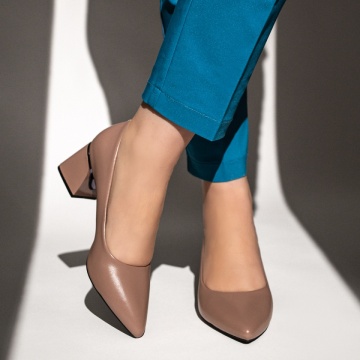 Pantofi dama cu toc gros bej inchis MOD13100, 3, modlet.ro