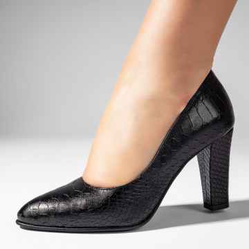 Pantofi dama cu toc gros negri cu print din Piele naturala MOD10220, 1, modlet.ro
