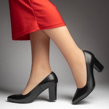 Pantofi dama cu toc gros negri din Piele naturala MOD13484, 2, modlet.ro