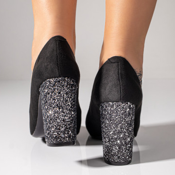 Pantofi dama cu toc gros negri suede cu toc argintiu MOD08567, 4, modlet.ro