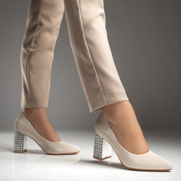 Pantofi dama cu toc gros si aplicatii cu pietre bej MOD12031, 3, modlet.ro
