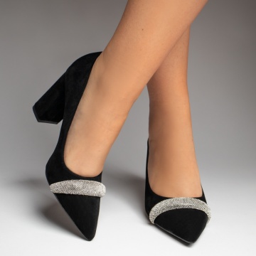 Pantofi dama cu toc gros si aplicatii cu pietre negri MOD12763, 4, modlet.ro