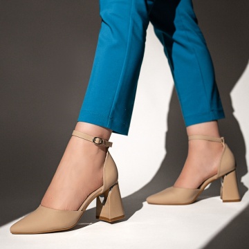 Pantofi dama cu toc gros si bareta bej cu aspect mat MOD13101, 3, modlet.ro