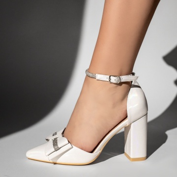 CUPON, Pantofi dama cu toc gros si fundita albi LIA27, modlet.ro
