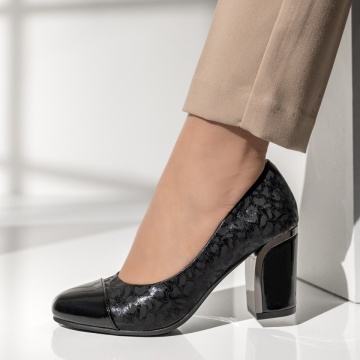 Pantofi dama cu toc gros si imprimeu negri MOD14190, 2, modlet.ro