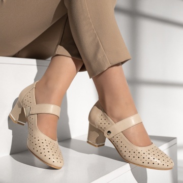 Pantofi dama cu toc gros si perforatii bej MOD11467, 3, modlet.ro