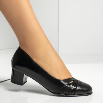 Pantofi dama cu toc gros si print negri din Piele naturala MOD13957, 3, modlet.ro