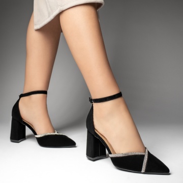 Pantofi dama cu toc gros si strasuri aplicate negru suede MOD13538, 3, modlet.ro