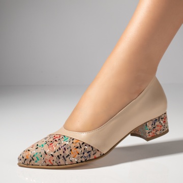 Pantofi dama cu toc mic bej cu print din Piele naturala MOD12143, 1, modlet.ro