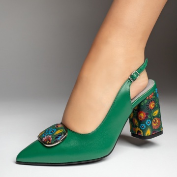 Pantofi dama cu toc si bareta verzi cu model floral din Piele naturala ZEF13130, 1, zeforia.ro