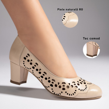 Pantofi dama cu toc si perforatii bej din Piele naturala MOD10235, 3, modlet.ro