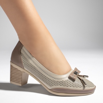 Pantofi dama cu toc si perforatii bej inchis MOD13438, 4, modlet.ro