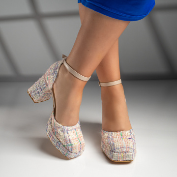 Pantofi dama cu toc si platforma din material textil bej MOD09806, 4, modlet.ro