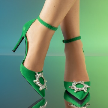 Pantofi dama, Pantofi dama cu toc subtire si accesoriu decorativ verde suede LIA85, modlet.ro