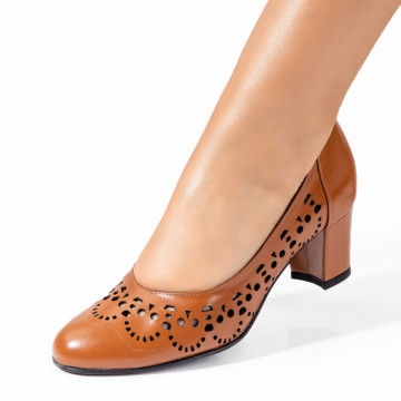 Pantofi dama maro cu toc gros perforati din Piele naturala MOD10235, 1, modlet.ro