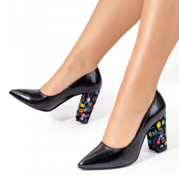Pantofi dama negri cu toc gros multicolor din Piele naturala MOD10219, 3, modlet.ro
