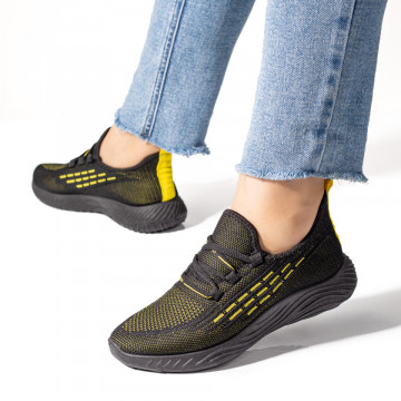 Pantofi dama sport din material textil negru cu galben MOD03784, 3, modlet.ro