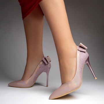 Pantofi dama Stiletto cu toc subtire si funda roz glitter MOD06158, 2, modlet.ro