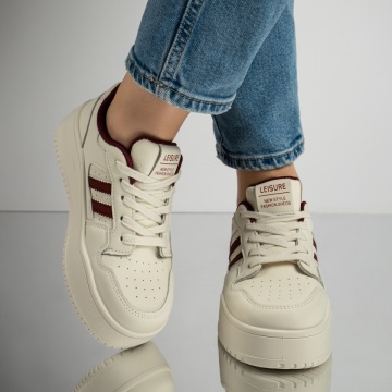 Pantofi sport dama cu siret bej cu visiniu MOD12998, 3, modlet.ro