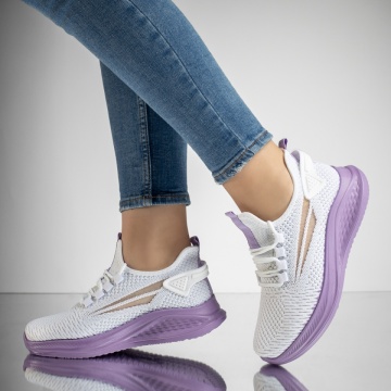 Pantofi sport dama cu siret din material textil alb cu mov MOD13183, 2, modlet.ro