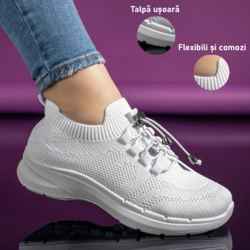 Pantofi sport dama cu siret elastic albi MOD11170, 3, modlet.ro