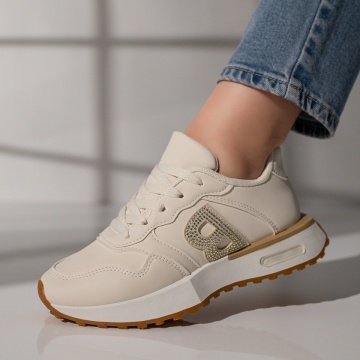 Pantofi sport dama cu siret si aplicatii cu pietre bej MOD11768, 3, modlet.ro