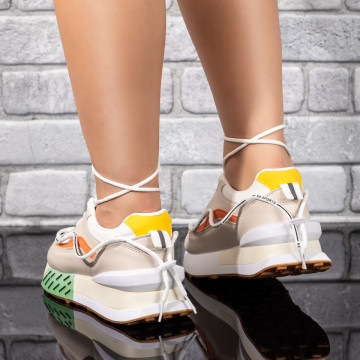 Pantofi sport dama cu siret si talpa groasa bej MOD09912, 4, modlet.ro