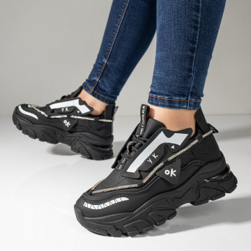 Pantofi sport dama cu siret si talpa groasa negri MOD11059, 4, modlet.ro