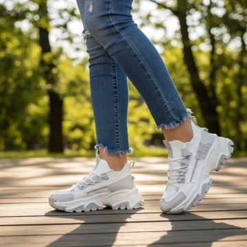 Pantofi sport dama cu talpa groasa albi cu gri MOD09199, 2, modlet.ro