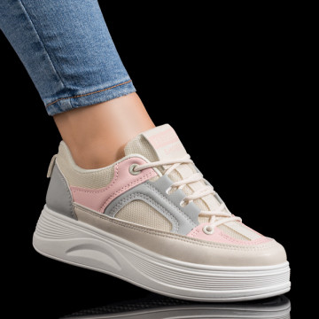 Adidasi dama, Pantofi sport dama cu talpa groasa bej cu roz MOD09261, modlet.ro