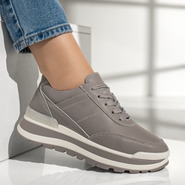 Pantofi sport dama cu talpa groasa gri din Piele naturala MOD12975, 3, modlet.ro