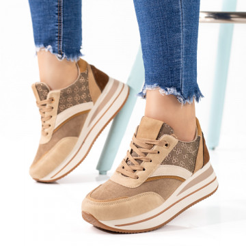 Pantofi sport dama cu talpa groasa khaki suede MOD09600, 2, modlet.ro