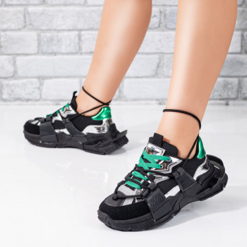 Pantofi sport dama cu talpa groasa negri cu argintiu si verde MOD09410, 3, modlet.ro