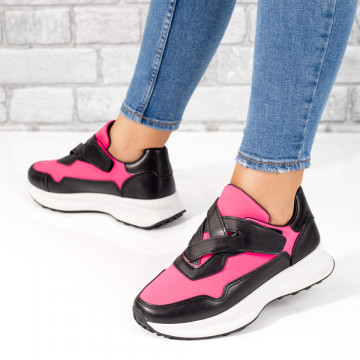Pantofi sport dama negri cu roz si inchidere cu scai MOD08211, 3, modlet.ro