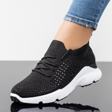 Pantofi sport dama negri cu siret si strasuri aplicate MOD08701, 1, modlet.ro