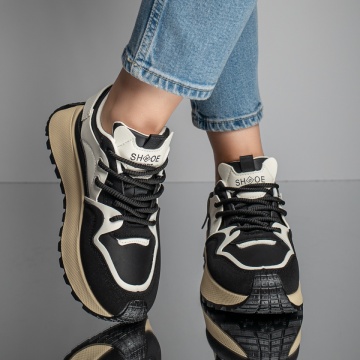 Pantofi sport negri cu siret si talpa groasa bej MOD11663, 4, modlet.ro