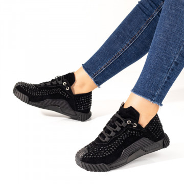 Pantofi sport negri dama cu strasuri aplicate negre MOD10069, 3, modlet.ro