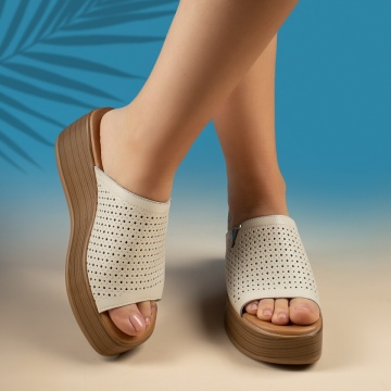 Papuci casual dama cu platforma si perforatii bej din Piele naturala MOD14312, 2, modlet.ro