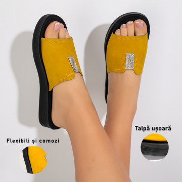 Papuci dama cu talpa joasa si aplicatie de pietre galbeni MOD11441, 3, modlet.ro