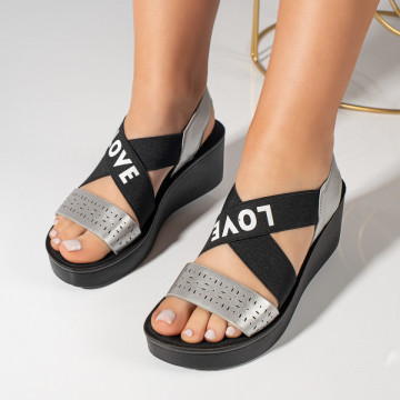 Sandale cu platforma dama argintiu cu negru MOD08510, 4, modlet.ro