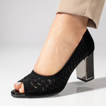Sandale cu toc gros dama si strasuri negre suede MOD11469, 4, modlet.ro