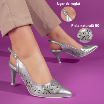 Sandale dama argintii cu toc subtire din Piele Naturala MOD11305, 3, modlet.ro