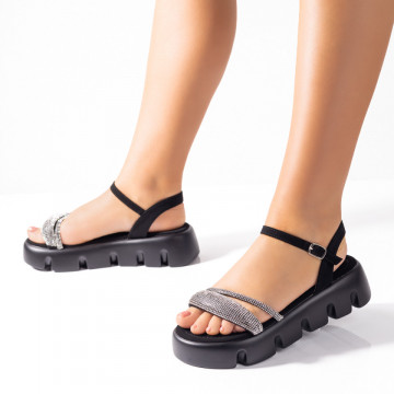 Sandale dama cu talpa groasa si strasuri aplicate negre MOD09487, 3, modlet.ro